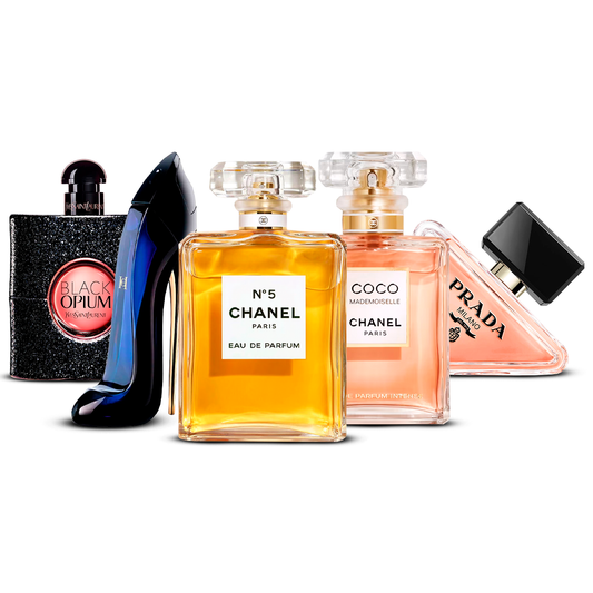 Komplet 5 dišav – Black Opium, Good Girl, Chanel N°5, Coco Mademoiselle in Prada Paradoxe [po 100 ml]