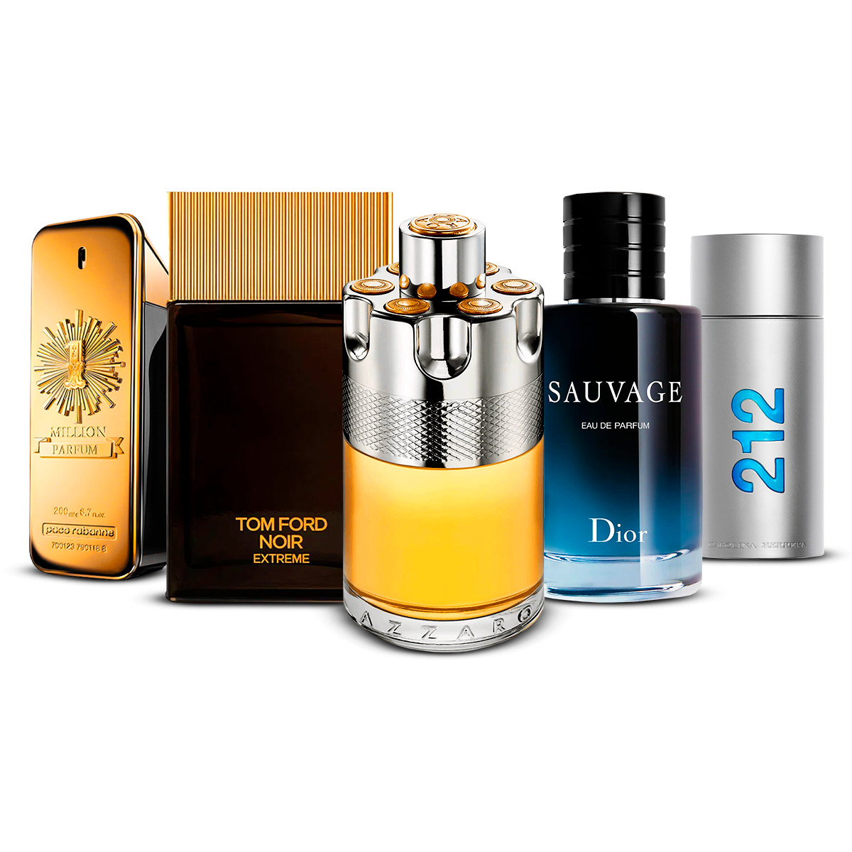 Komplet 5 dišav  – 1 Million, Tom Ford Noir Extrême, Azzaro Wanted, Sauvage in 212 Men [po 100 ml]