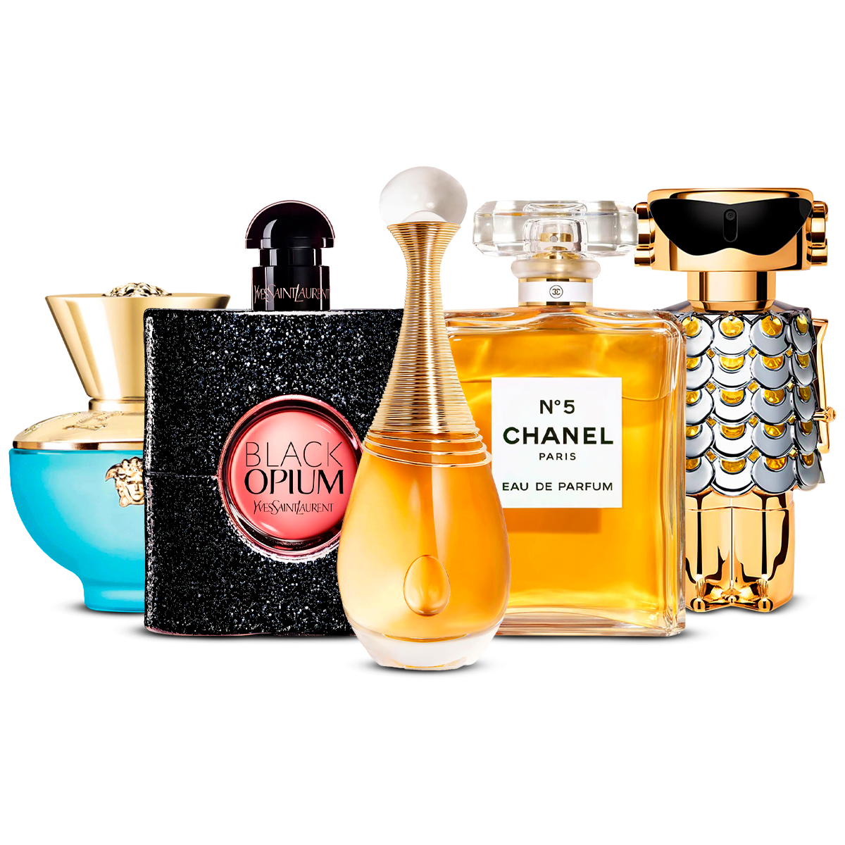 Komplet 5 dišav  – Versace Dylan Turquoise, Black Opium, J'adore, Chanel Nº5 in Fame  [po 100 ml]