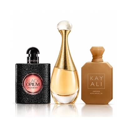 Komplet 3 dišav | Black Opium YSL Eau de Parfum – 90 ml | J’adore Dior Eau de Parfum – 100 ml | Freedom Musk Santal | 34 Kayali Eau de Parfum – 100 ml